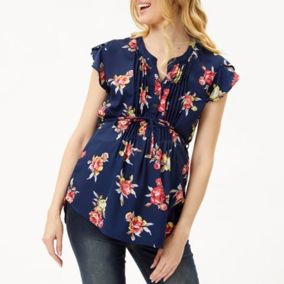 Navy & Pink Floral Button-Front Maternity Flutter-Sleeve Top - Picture 1 of 3